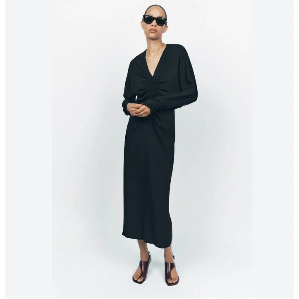 Zara Womens Midi Dress M Black Draped V-Neck Viscose Stretch 9996/376 NWT